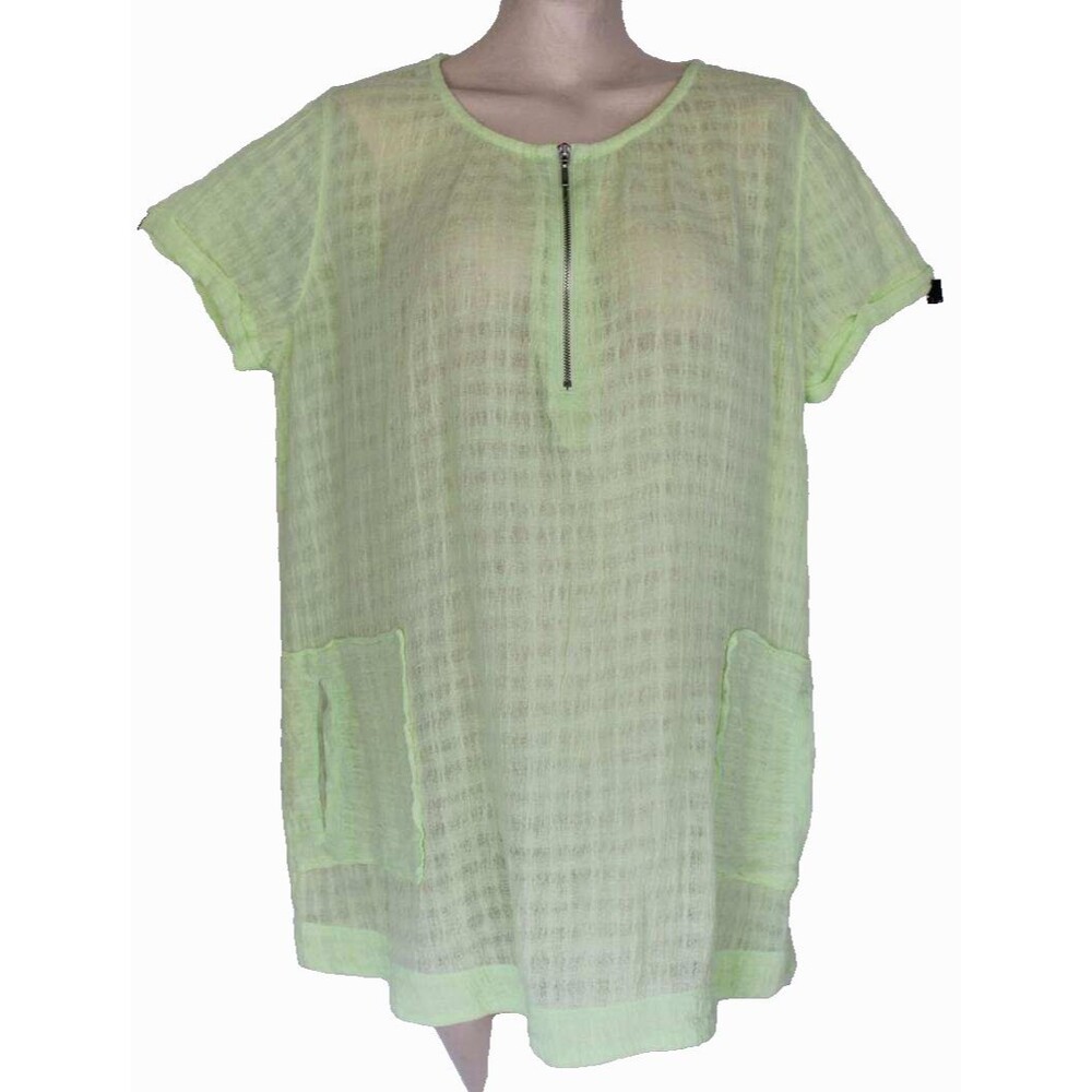 Soft Surroundings L 14 Pastel Chartreuse Sheer Textured Zip Front Tunic Cover-up